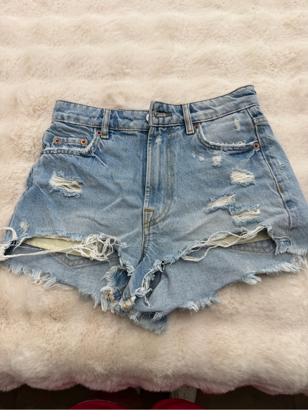 ZARA High-Rise Distressed Denim Shorts in Light Blue